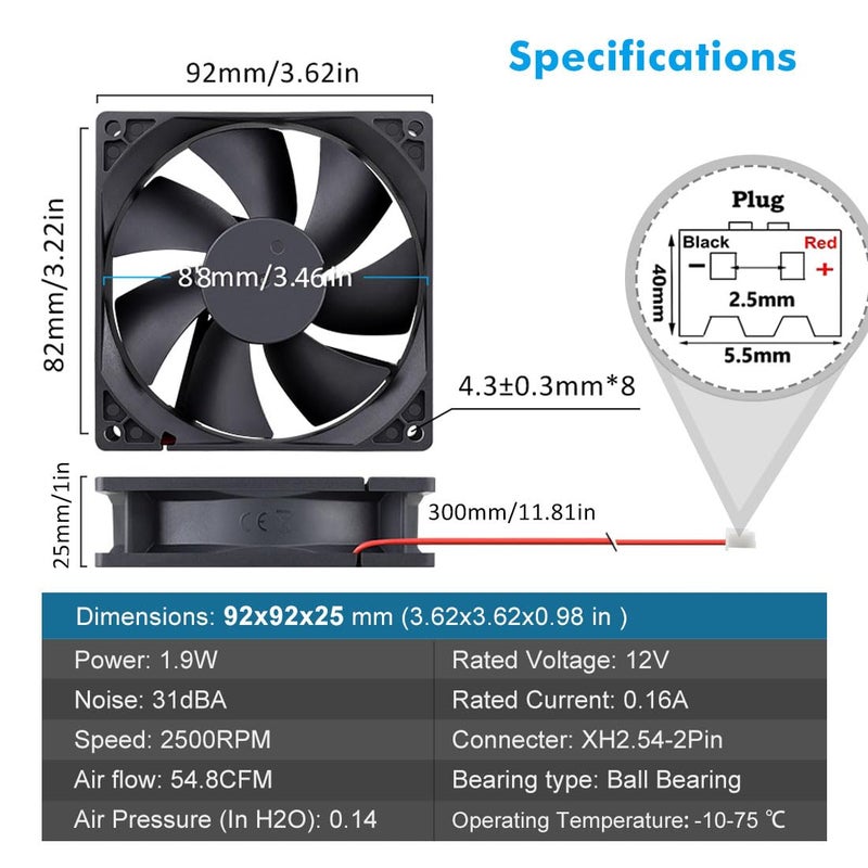 Wathai 9225 92mm x 25mm 12V DC Brushless Computer case Fan 12 Volt 2Pin Dual Ball for DIY Cooling Ventilation Exhaust Projects - Image 2